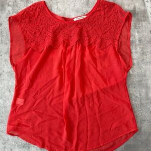 Red sheer casual work wear top lace mesh blouse flowy bohemian shirt L